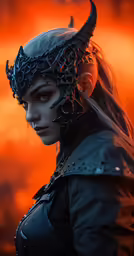 an alien woman wearing black metal makeup and a horned headdress