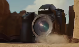 a close up of a camera with dust behind it