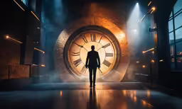 a person that is walking into a clock tower