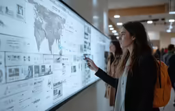 a woman pointing on a map with information on the wall