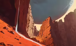 digital painting of a planet and two rocky mountains