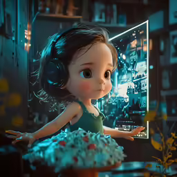 an animated doll dressed in green holding a cake
