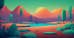 a fantasy art painting of a desert landscape with green trees and mountains,a desert landscape, a pool of water and cactus trees