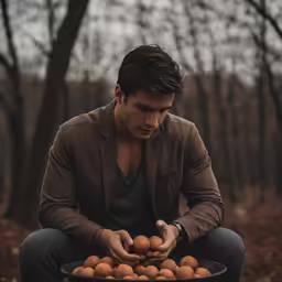 a man sitting on the ground holding out several eggs