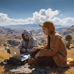 two women sitting in the grass on top of a hill