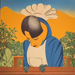 a painting of a woman with an apron on in front of some bushes