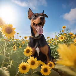 dog in sunflower field looking up at camera