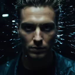 a man in a black leather jacket stares to the camera
