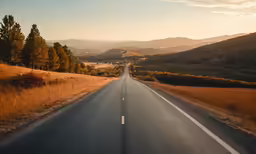 a empty open road with some trees in the distance