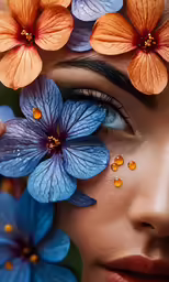 the face of a woman with flowers over her head