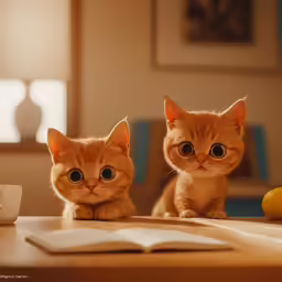 two orange kittens look to be looking at the camera