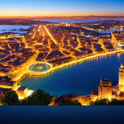 a cityscape at twilight with lights along the water