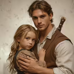 a young boy with long blonde hair hugging a younger woman