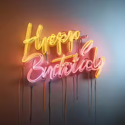 a neon sign with the word happy birthday hanging from it