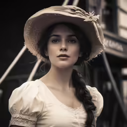 a woman in a white blouse and hat