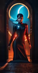a woman in an elaborate dress standing near a doorway