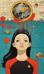 a girl wearing a red shirt, in front of an image of the world with planets above her head