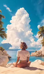 a woman sitting on a rocky beach with palm trees