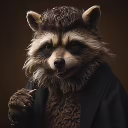 a man wearing a suit jacket, with a racoon on his face