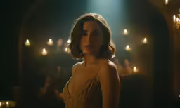 a woman standing in front of lights with her eyes shut