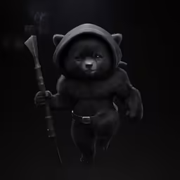 a bear dressed as an old timey hunter is holding a staff and the words happy