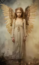 the girl in a long dress is dressed in angel wings