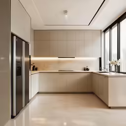 an empty modern kitchen features granite countertops