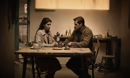two people sit at a table in front of an empty coffee mug