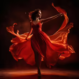 a woman in a red dress is flying through the air