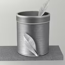 a tin with a leaf inside and a pen inside it