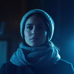 a young woman is wearing a scarf and a hat