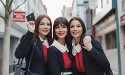 three woman in black and white uniforms pose for a photo