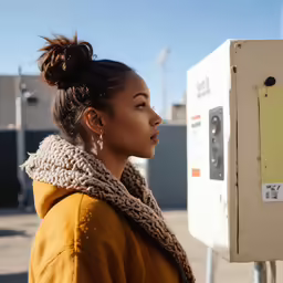 a woman looking at a machine with one ear pulled back