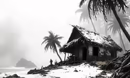 an old house stands alone in a tropical sea