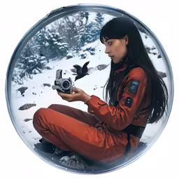 woman in orange snowsuit with camera and birds