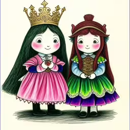 a cartoon of two little girls dressed as princesses,two little girls dressed up in princess dresses