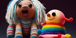 two stuffed animals one with a brightly colored outfit