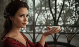 an animated woman holds up a cup while posing