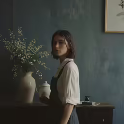 a girl standing in front of a counter with white flowers
