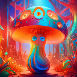 a blue and red mushroom in the middle of trees