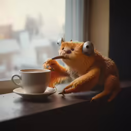 a stuffed animal is drinking out of a mug