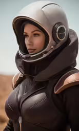 a woman wearing a space suit and helmet in a desert