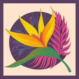 a purple and yellow bird of paradise flower with a circular background,colorful flowers on a cream purple background