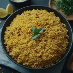 the pot has rice and a green leaf on top