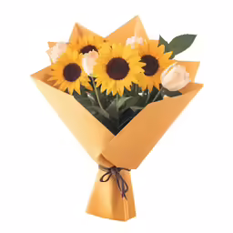 sunflowers wrapped in an orange paper wrapped bouquet