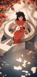 the woman is dressed in red on her bench