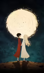 two people stand together while facing each other with a large ball of light on their head