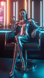 a shiny lady in silver clothing sitting on a chair