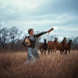 a woman standing in a field full of horses