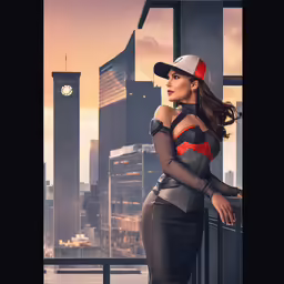a woman standing in front of a cityscape